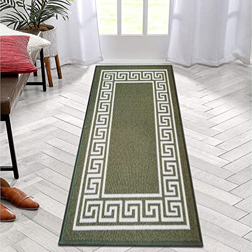 B&B Runner Rug Carpet Protector Heavy Duty Machine Washable Non Slip Long Hallway Carpet Runner Living Room Bedroom Floor Kitchen Mat | 80 X 150 Cm - Greekey Green & Cream