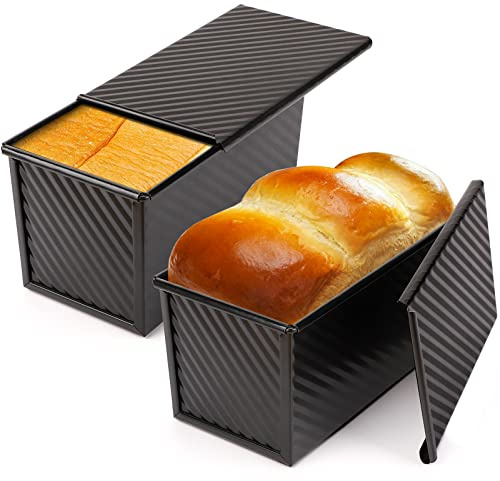 Beasea Pullman Loaf Pan with Lid, 2 Pack 1 lb Non-Stick Black Bread Loaf Pans for Homemade Bread Carbon Steel Toast Box with Cover for Bakeware Toast Oven Baking
