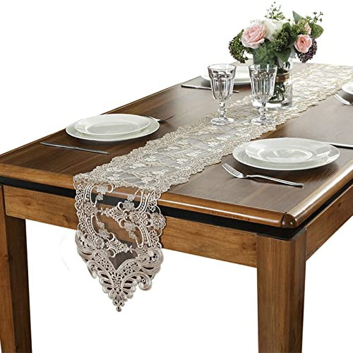 KnSam Tischläufer, Tischläufer Modern Esszimmer Blumenmuster Mit Spitze Polyester Tischläufer Lang Tischdekoration Champagner 26X150cm