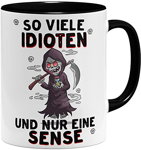 OM3® lustige Sensenmann Kaffee-Tasse mit Spruch - So viele Idioten und nur eine Sense - Sarkasmus - Keramik Becher - 325ml - Beidseitig Bedruckt - Schwarz