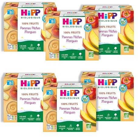HiPP - 100% Fruits - Pommes Pêches Mangues - Coupelles 4 x 100 g - Lot de 6- BIOLOGIQUE