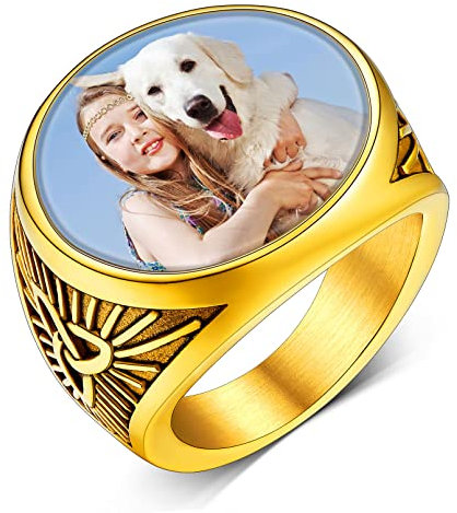 Custom4U Keltischer Knoten Herren Siegelring Gold mit Fotogravur Personalisierter Foto Fingerring mit Farbbild/Schwarzes Bild Gravur Modeschmuck Foto Geschenke für Weihnachten Geburtstag