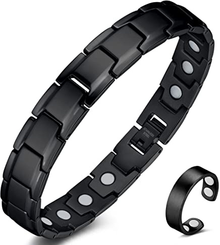 Vicmag Braccialetto magnetico per drenaggio linfatico, da uomo, in acciaio al titanio, con magneti, con strumento di regolazione e confezione regalo (monopetto nero)