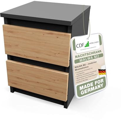 CDF Nachttisch Beistelltisch Schubladenschrank Nachtschrank 2 Schubladen | Nachtkästchen Kleine Kommode für Schlafzimmer Wohnzimmer Kinderzimmer Flur Modern - Malwa M2 Anthrazit/Eiche Artisan