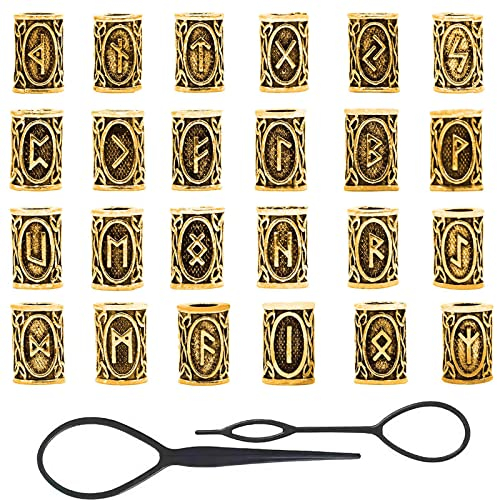 WUDQIJI Wikinger Rune Bart Perlen 24 Stück 10 ×13mm Flechten Runenperlen Bartschmuck Haar-Bartperlen Bartperle Wikinger für Flechten Armband Halskette DIY Anhänger Schmuck(Gold)