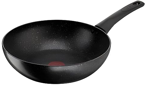 Tefal Titanium Stone Wok 28 cm, High-Performance Non-Stick Durable Coating, Metal Spatula Safe, All Hobs Including Induction, Thermo-Signal, Black, E1051945
