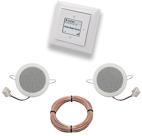 Busch Jäger iNet Internet Unterputz Radio 8216U Balance SI Alpinweiß, Komplett-Set mit 2 x Deckenlautsprecher Einbaulautsprecher + 20 Meter Lautsprecherkabel 2x0,75 mm2 8216 U Internetradio