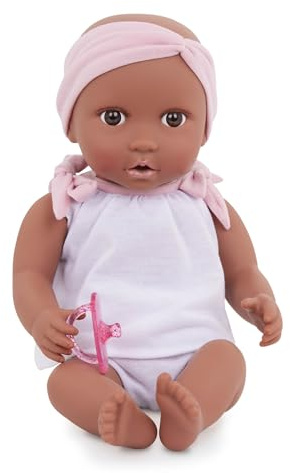 LullaBaby – Babydocka med dockkläder – mörk hudton och bruna ögon – 36 cm babydockor mjuk kropp – pannband och napp – leksak för barn från 2 år – rosa pannband