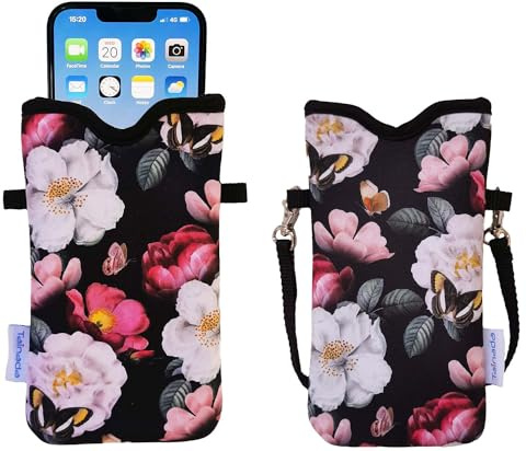 Tainada Men Women Neoprene Mobile Phone Sleeve Pouch Case Bag w/Crossbody Strap/Neck Lanyard for iPhone 17/16 Pro Max, Air, 16/15 Plus, 16e; Samsung S25+, S24, A56 (Black Floral)