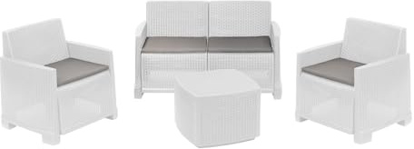 Dmora - Ensemble de Salon d'extérieur Peschici, Composition de Jardin avec 2 fauteuils, 1 canapé et 1 Table de Rangement, Effet rotin avec Coussins, 100% Made in Italy, Blanc
