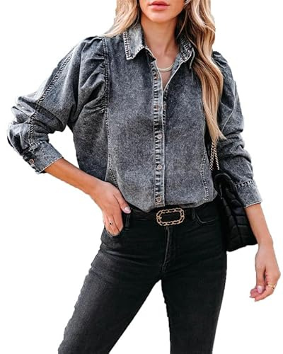 VIVICOLOR Dam puffärm jeansskjorta dam tvättad knäppt denim skjorta streetwear denim topp blus, 7, XL