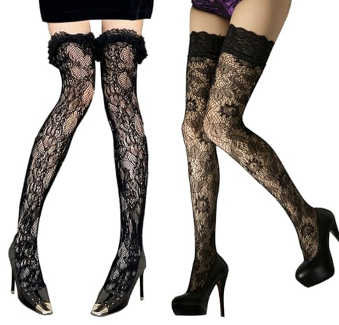 EMOTTOS Dentelle Bas Autofixants Femmes 2 Paires, Sexy Jacquard Bas Jarretelles Dentelle avec Antidérapant Bande Élastique pour Femme, Taille Unique