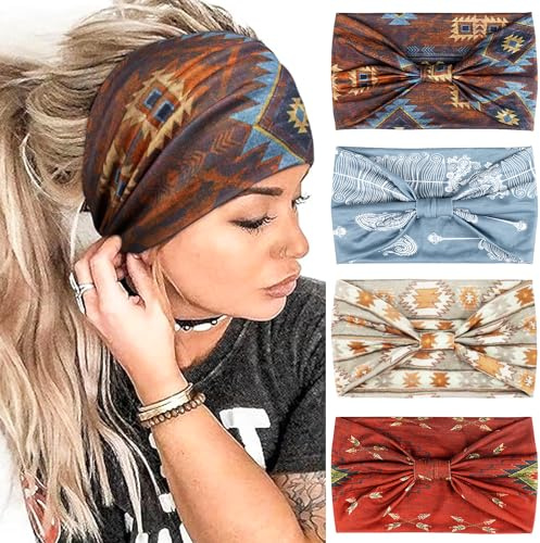 Kavya Haarband Damen, 4 Stück Breite Stirnband Damen Boho Headband Weiche Elastische Haarbänder Yoga Haarreifen Mädchen Haarschmuck