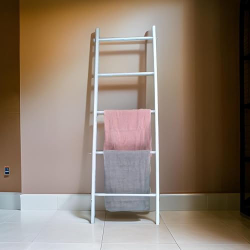 White Towel Ladder 5 Tier Wooden Towel, Clothes Holder Rack Wall-leaning Stand for Bathroom, Bedroom
