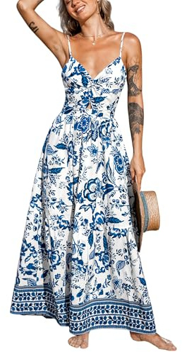 CUPSHE Maxi abito da donna con stampa floreale, scollo a V, senza maniche, estivo, casual, Motivo floreale color foglia di tè., L