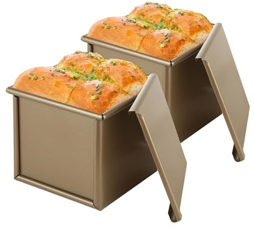 JMIATRY 2 Pcs Pullman Loaf Pan with Lid, 240g (0.55lb) Gold Non-Stick Bread Tin, Carbon Steel Loaf Tins for Baking, Toast, Cake, 11 x 11 CM