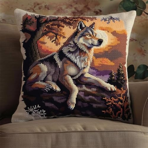 kitphoenix Kit Crochet de Verrouillage Loup Tapis DIY Broderie Kit Tapis Point Noué à Faire pour Débutants, Adultes ou Enfants,Latch Hook Canevas Coussin Point 43x43cm