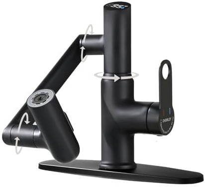 CHOMELY Single Hole Rotatable Bathroom Faucet with Temperature Display in Fahrenheit (Batteries-Free) 3 Water Modes 360 Degree Rotating Sink Faucet, Matte Black