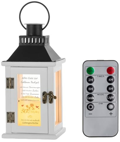 Staymoment 50 Goldene Hochzeit Geschenke, weiß Laterne Deko Hochzeitstag | mit LED Kerzen, Geschenke für Frauen, Männer, Eltern, 28 cm Windlicht Holz, Deko Wohnzimmer