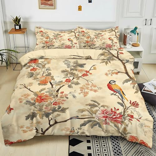 Parure de lit Adulte 2 Personnes 140x200 cm Fleurs Et Oiseaux De Style Chinois Rétro Sets de Housse de Couette Polycoton Ensemble Literie Linge de Lit avec Fermeture éclair et 2 Taies d'oreiller