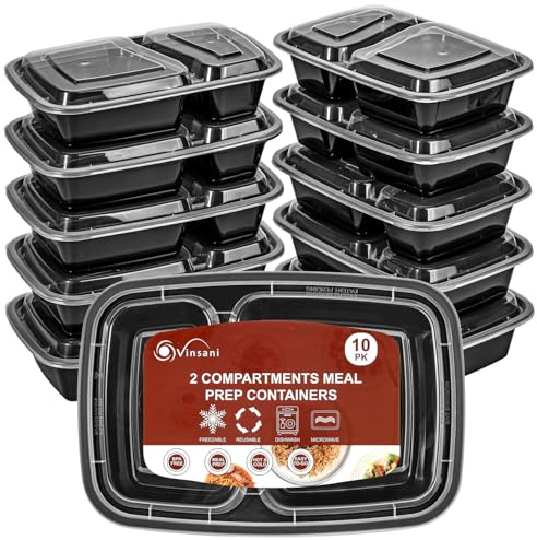 Vinsani 2 Compartment Meal Prep Containers – 10/20/30 Pack 30oz BPA-Free Reusable Plastic Food Storage Trays with Lids, Stackable Bento Lunch Boxes – Microwave, Freezer & Dishwasher Safe (20 Pack)