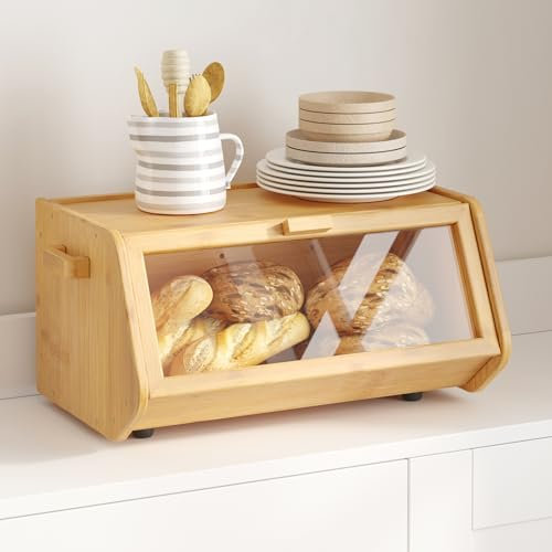 AMBIRD Bambus Brotkasten - Aufbewahrendes Brot für Küchentheke - Großer holzer Speichercontainer für Brot, Landhaus-Stil Brotkasten mit Fenster für Brot