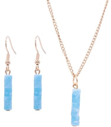 ZARZAMORA -Conjunto Pendientes y Colgante con Piedras Naturales- Pendientes Largos con Gemas Semipreciosas en Forma de Disco- Acero inoxidable -Regalo Original (Aguamarina)