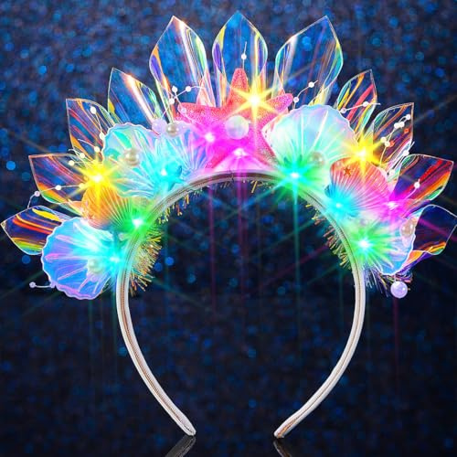 Handcess Diadema de concha iluminada con luces LED de estrella de mar, diadema de sirena brillante, diadema de corona para fiesta, rave, accesorios para el cabello para mujer