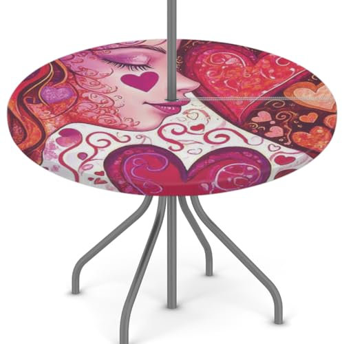 Woltant Nappe ronde avec trou de parasol et fermeture éclair facile à nettoyer avec bords élastiques - Protection de table d'extérieur pour jardin, terrasse, barbecue - Motif cœur de fille