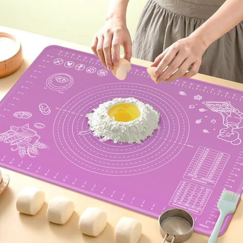Silicone Pastry Mat Extra Large with Measurements and High Edge, 70x50cm Non-Slip Food Grade Silicone Baking Mat for Dough Rolling, Kitchen Worktop Protector, Table Mat, Pastry Board, Purple