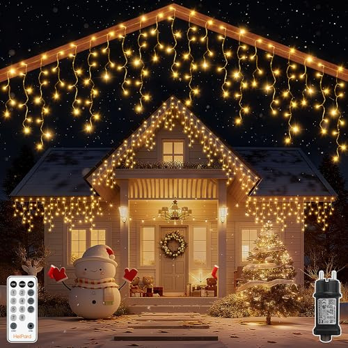 HeiPard Eisregen Lichterkette Außen, 8.25m 264 LEDs Weihnachtsbeleuchtung Aussen warmweiß mit Stecker Fernbedienung 8 modi Timer Wasserdicht Lichtervorhang für Fenster Balkon Haus Weihnachtsdeko