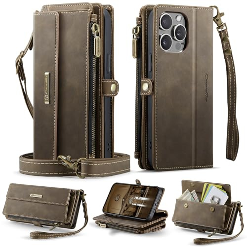 FONREST Compatible with iPhone-15-Pro Crossbody Purse Bag Case, Magnetic Flip Flap PU Leather Wallet Cover w/Kickstand 9 RFID Blocking Card Holders Zip Pocket Lanyard Wrist Strap (Coffee)