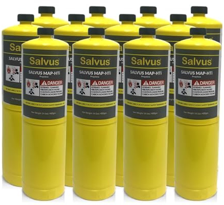 INTERGAS Salvus MAP-HTi Propylene Gas Cylinder 400g – High Purity >99.5% – Hotter Flame Blowtorch Fuel for Plumbing, Brazing, Welding, Soldering – CGA600 Torch Heads Compatible – Pack of 12