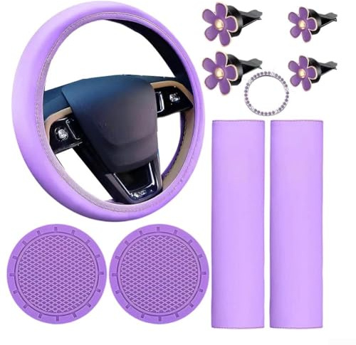 Pinkes Autozubehör-Set mit Leder-Lenkradbezug, Sicherheitsgurtpolster, Getränkehalter, Startknopf-Aufkleber (lila)