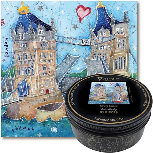Victory Wooden Puzzles – London Jigsaw Puzzle for Kids & Adults - 81 Pieces. Premium Linden Wood British Tower Bridge London Puzzle in Metal Storage Tin with Special 'Whimsical' Shaped Pieces.