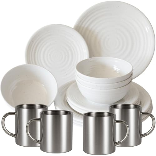 Service de table en mélamine crème pour 4 personnes 16 pièces avec tasses thermiques en acier inoxydable à double paroi – Aspect argile – Vaisselle de camping pique-nique idéale pour le camping et