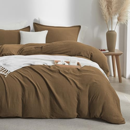 Bailix Muslin Duvet Cover Set King Size, 100% Washed Cotton Gauze Duvet Cover for All Seasons, Linen Like, 3 PCS, 1 Fluffy Duvet Cover(104x90) with 2 Pillow Shams(20x36), Dark Brown