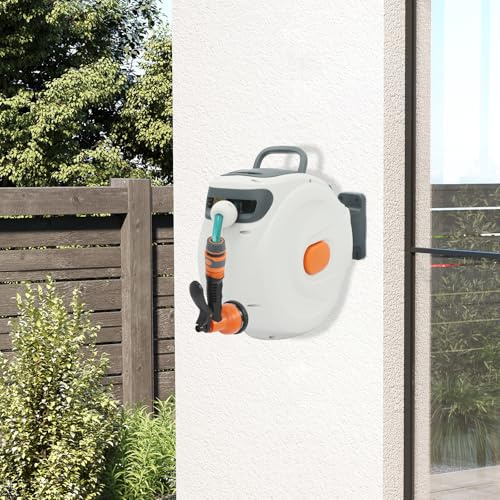 Avvolgitubo automatico portatile da 20 m, tubo da giardino a parete con valvola di controllo, dispone di 6 diverse modalità di irrigazione e funzione di rotazione orizzontale a 180°