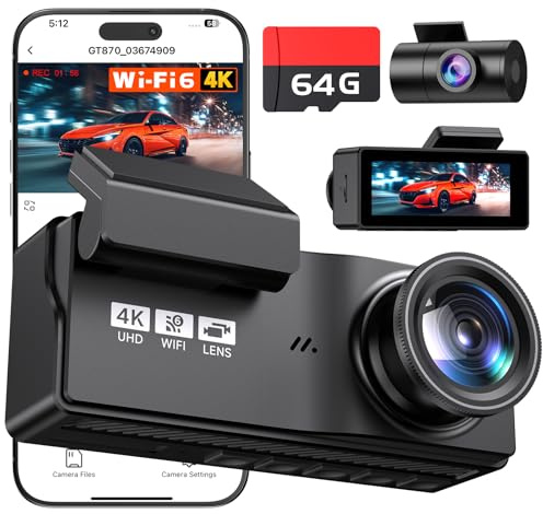 4K+4K Dual Channel Car Dash Camera, Wi-Fi6 Dashcam with 64GB SD Card