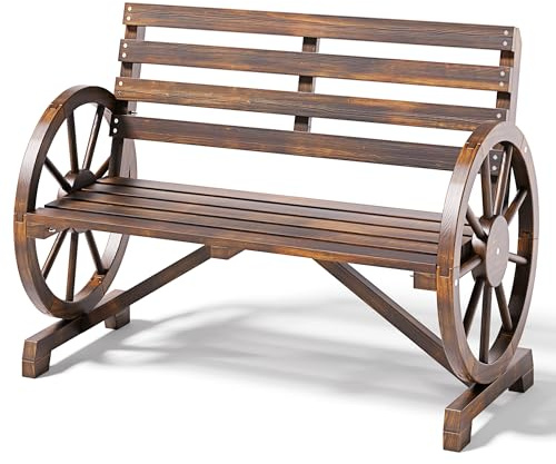 Blishom 2-Sitzer Gartenbank, Wetterfeste Bank, Radförmige Armlehnen, Holzbank Mit Rückenlehne, Landhausstil, für Terrasse, Garten, Park, 105,5 x 56 x 79 cm