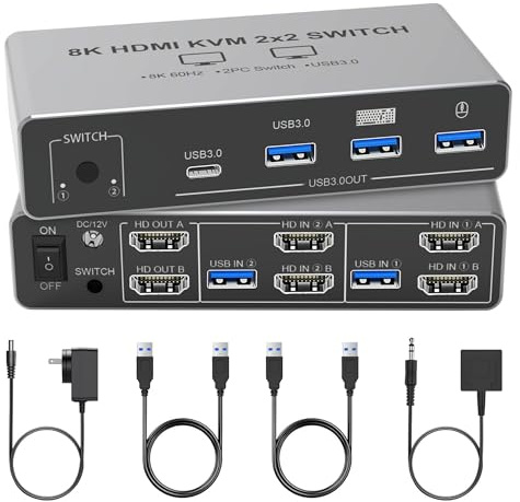 Tendak HDMI KVM-switch 2 PC 2 bildskärmar, dubbel bildskärm 8K HDMI KVM USB-switch tangentbord mus omkopplare med 4 USB 3.0-portar, stöd för 8K@60Hz 4K@120Hz HDCP 2.3 kompatibel med Windows/Linux