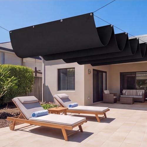 Toldo Retráctil 3.8 x 6 m Toldo y Pérgola Ajustable Protección Rayos UV Fácil de Colgar Cubierta Impermeable Retráctil Pérgola Dosel para Pergola, Balcón y Jardín, Negro