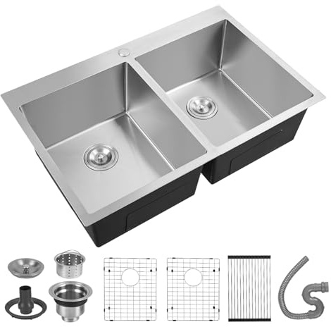 Aptliton 83cm x 56cm Double Bowl Kitchen Sink, 16 Gauge T-304 Stainless Steel Undermount Workstation Sink, 50/50 Split 23cm Deep Basin with Chopping Board, Drying Rack & Strainer, Brushed Finish