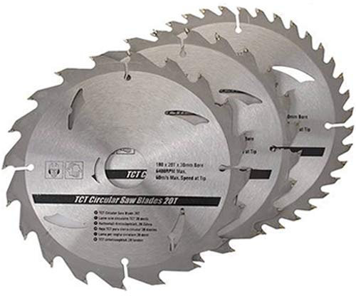 3 Pack 180mm x 30mm TCT Circular Saw Blades - 20, 24, 40 Teeth - 20 & 16 Ring - Loops