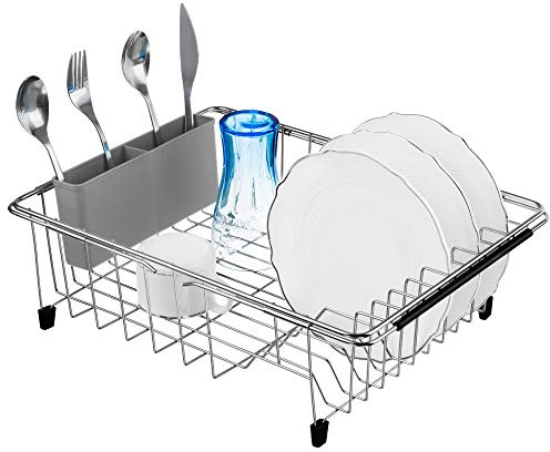 iPEGTOP Expandable Multifunctional Dish Drying Rack, Over The Sink, in Sink Or On Counter Dish Drainer Basket Organizer Shelf with Removable Grey Utensil Silverware Holder, Rustproof Stainless Steel