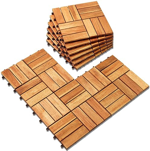 Acacia Deck Tiles (Pack of 10) - Hardwood Interlocking Patio Tiles, Outdoor Waterproof All Weather