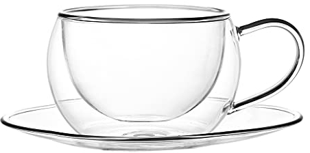 Kadum doppelwandiges Kaffeeglas | Thermogläser 6er-Set mit Henkel und Untertasse | 270 ml Kaffeegläser im Geschenkkarton | Spülmaschinengeeignet