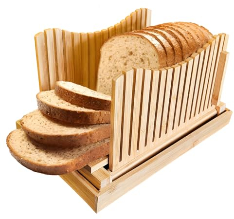 Bamboo Bread Slicer for Homemade Bread with Crumb Catcher - Wooden Bread Cutting Board Guide for Home Use with Adjustable Thickness - Loaf Cutter - Foldable Compact