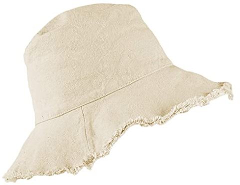 Distressed Eimerhut, Sonnenschutz, Fransenrand, gewaschene Baumwoll-Leinen, Sommermütze mit breiter Krempe, beige, 56/58 cm