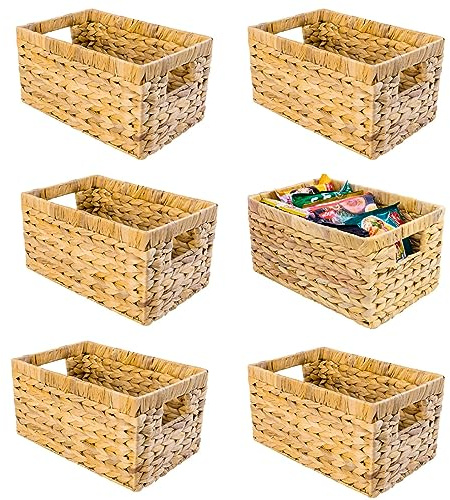 M4DECOR Set of 6 Water Hyacinth Storage Baskets – Wicker Storage Baskets for Shelves, Pantry Baskets for Organizing, Handwoven Wicker Baskets for Storage (Medium)